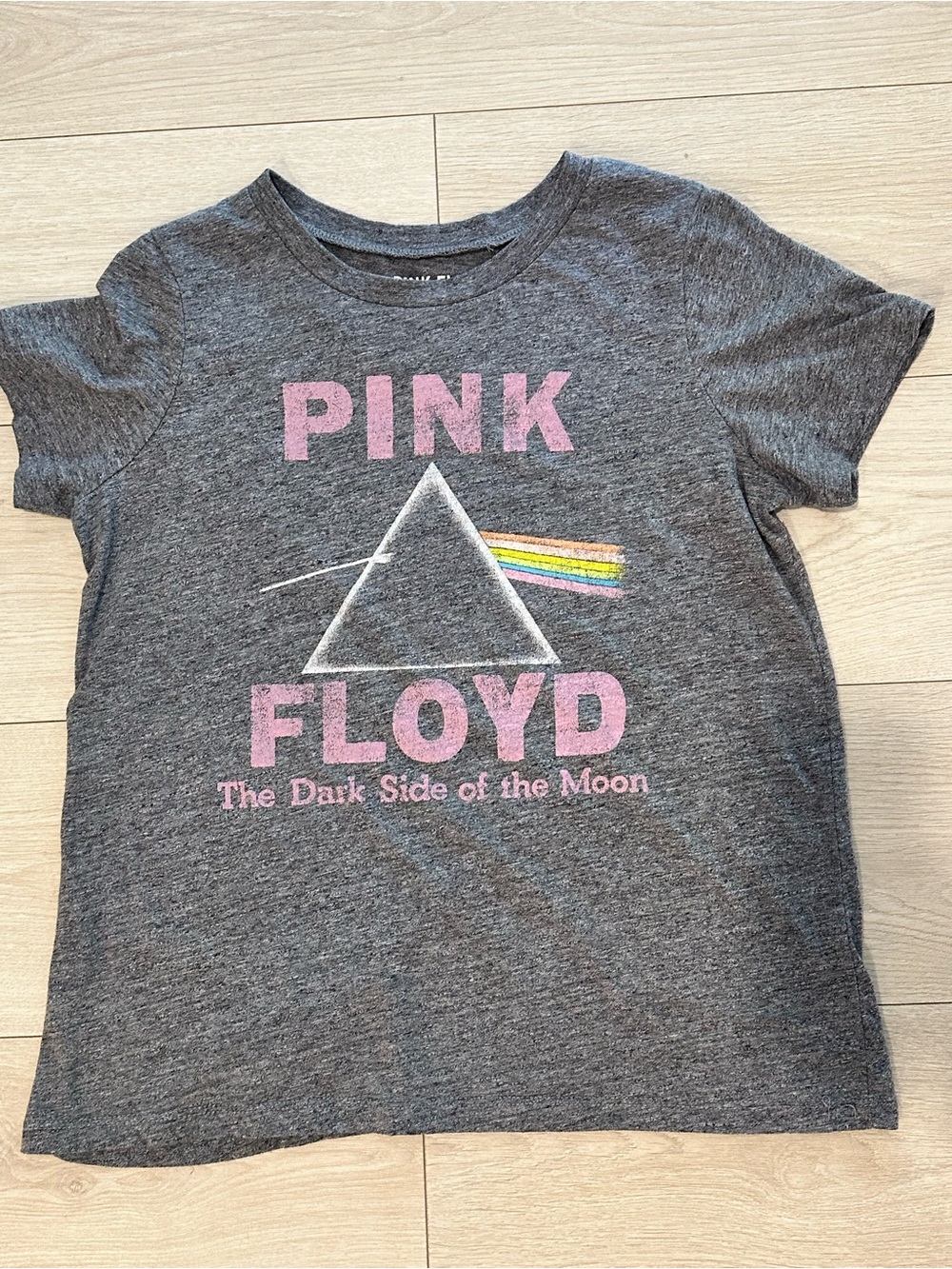 Vintage Pink Floyd Heather Gray Women’s Tee with Pink Logo & Rainbow Prism